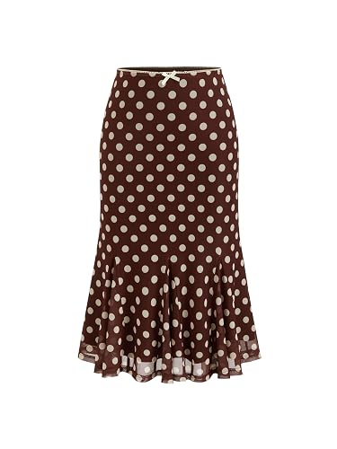 Women's Polka Dot Midi Skirt with Bowknot Sheer Mesh | Vintage Retro Ruffle Hem, Going-Out Casual