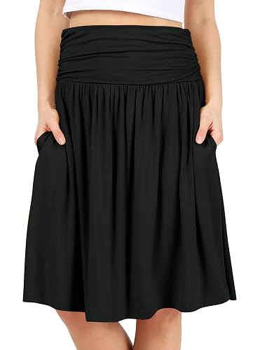 Women's Regular & Plus Size Skirt with Pockets | Below Knee Length Ruched Flowy Midi Skirt