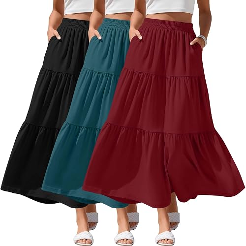 3 Pack Women's Maxi Tiered Skirts | Long Casual Flowy, Swing Ruffle, Elastic Waist Ankle Length, Pockets Summer A Line, Teacher Fall Basic Clothes