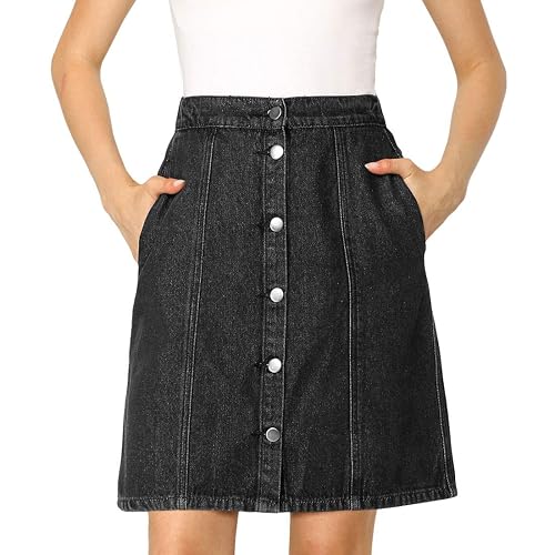 Women's Denim Skirts Casual A-Line Short Button Down Jean Skirt | High Waist, Elastic Back, Knee Length, Slant Pockets, 2026 Summer Daily Outfits