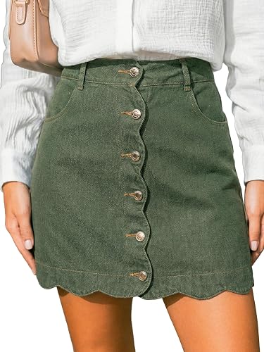 Women's Denim Mini Skirt Button Front A-Line Scalloped | High Rise Jean Skirt with Pockets, Retro Chic Style, Cute Summer Clothes, Casual Daily Wear, Beach Vacation & Party Outfits