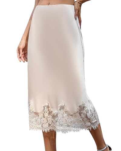 Women's Satin Midi Skirt Elastic Waist A-Line with Lace Trim | Fall Silk Long Skirt, Elegant Casual Midi for Work, Business & Party